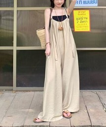 肩紐調整可能 シワ感素材 ゆったりワイドサロペット レディース 無地 リラックス リゾートウェア オーバーオール