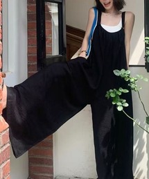 肩紐調整可能 シワ感素材 ゆったりワイドサロペット レディース 無地 リラックス リゾートウェア オーバーオール