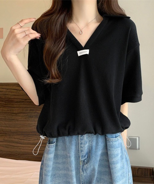 Miniministore(ミニミニストア)の「Vネックポロ襟カットソー レディース夏服(Tシャツ/カットソー・レディース・ベージュ/ブラック/ホワイト・FREE)」の2枚目の写真