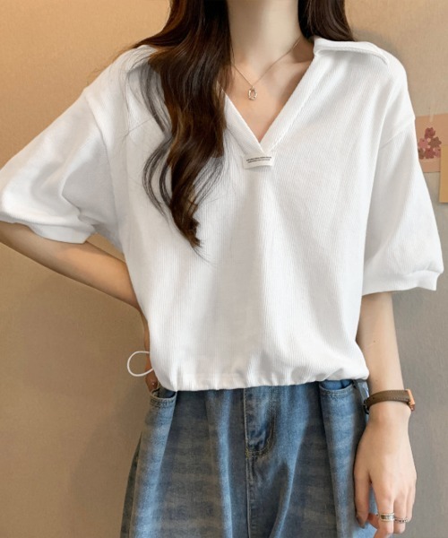 Miniministore(ミニミニストア)の「Vネックポロ襟カットソー レディース夏服(Tシャツ/カットソー・レディース・ベージュ/ブラック/ホワイト・FREE)」の5枚目の写真