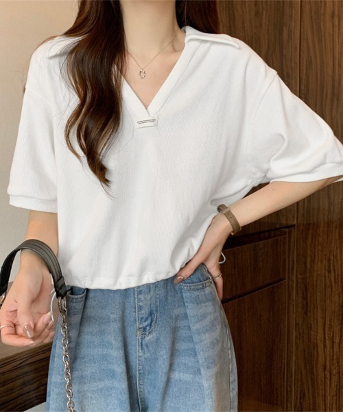 Miniministore(ミニミニストア)の「Vネックポロ襟カットソー レディース夏服(Tシャツ/カットソー・レディース・ベージュ/ブラック/ホワイト・FREE)」の7枚目の写真
