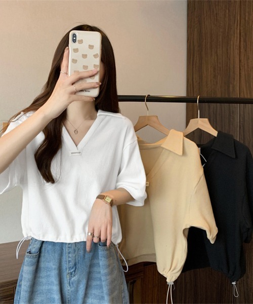 Miniministore(ミニミニストア)の「Vネックポロ襟カットソー レディース夏服(Tシャツ/カットソー・レディース・ベージュ/ブラック/ホワイト・FREE)」の8枚目の写真