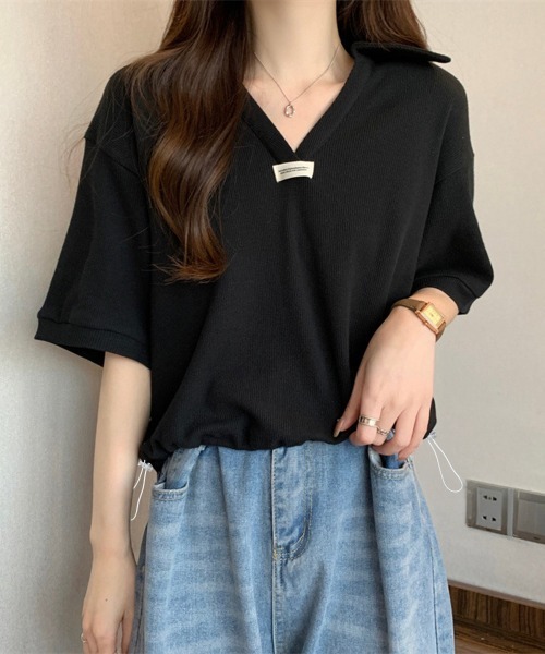 Miniministore(ミニミニストア)の「Vネックポロ襟カットソー レディース夏服(Tシャツ/カットソー・レディース・ベージュ/ブラック/ホワイト・FREE)」の9枚目の写真