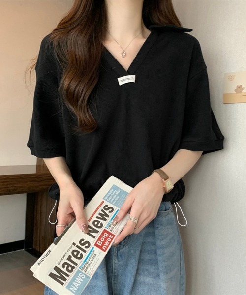 Miniministore(ミニミニストア)の「Vネックポロ襟カットソー レディース夏服(Tシャツ/カットソー・レディース・ベージュ/ブラック/ホワイト・FREE)」の10枚目の写真