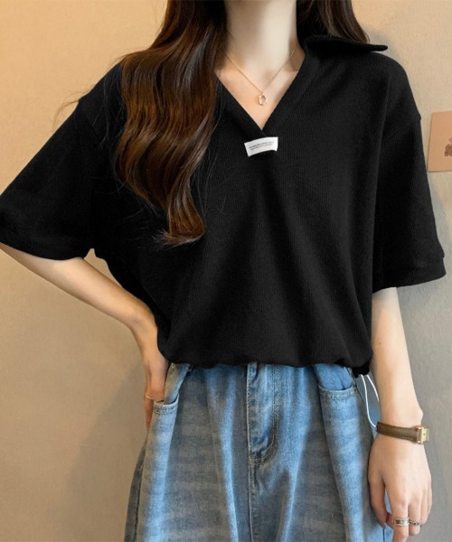 Miniministore(ミニミニストア)の「Vネックポロ襟カットソー レディース夏服(Tシャツ/カットソー・レディース・ベージュ/ブラック/ホワイト・FREE)」の11枚目の写真