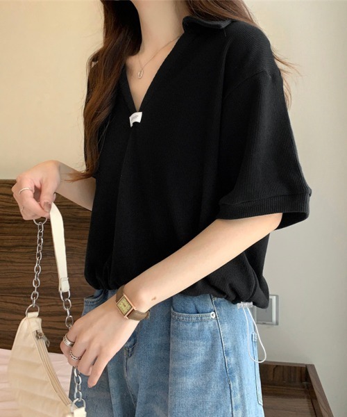 Miniministore(ミニミニストア)の「Vネックポロ襟カットソー レディース夏服(Tシャツ/カットソー・レディース・ベージュ/ブラック/ホワイト・FREE)」の12枚目の写真