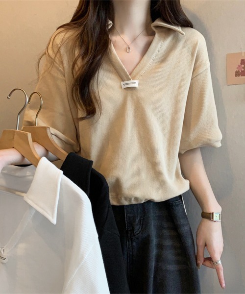 Miniministore(ミニミニストア)の「Vネックポロ襟カットソー レディース夏服(Tシャツ/カットソー・レディース・ベージュ/ブラック/ホワイト・FREE)」の13枚目の写真
