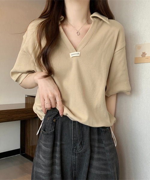 Miniministore(ミニミニストア)の「Vネックポロ襟カットソー レディース夏服(Tシャツ/カットソー・レディース・ベージュ/ブラック/ホワイト・FREE)」の15枚目の写真
