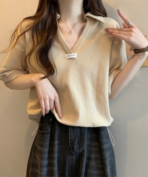 Miniministore(ミニミニストア)の「Vネックポロ襟カットソー レディース夏服(Tシャツ/カットソー・レディース・ベージュ/ブラック/ホワイト・FREE)」の16枚目の写真