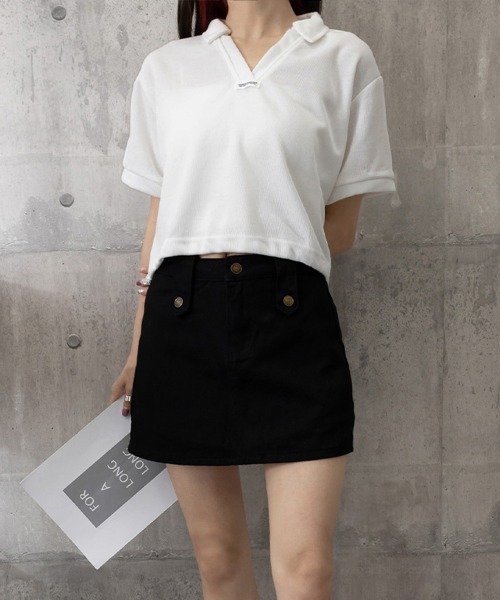 Miniministore(ミニミニストア)の「Vネックポロ襟カットソー レディース夏服(Tシャツ/カットソー・レディース・ベージュ/ブラック/ホワイト・FREE)」の18枚目の写真