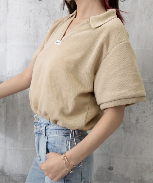 Miniministore(ミニミニストア)の「Vネックポロ襟カットソー レディース夏服(Tシャツ/カットソー・レディース・ベージュ/ブラック/ホワイト・FREE)」の22枚目の写真