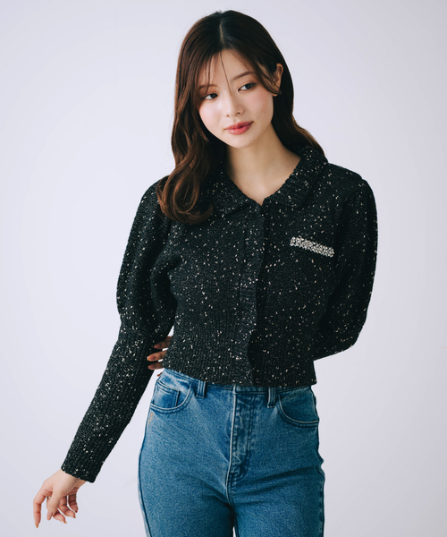 SELFIST（セルフィスト）の「【セットアップ対応】ラメネップニットビジュー付カーディガン　パフショルダー　襟付きニット　キラキラ　クリスマス　イルミネーション（ニット/セーター・レディース・ブラック/グレー/オフホワイト・フリー）」の11枚目の写真