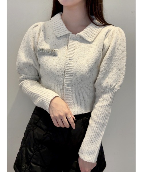 SELFIST（セルフィスト）の「【セットアップ対応】ラメネップニットビジュー付カーディガン　パフショルダー　襟付きニット　キラキラ　クリスマス　イルミネーション（ニット/セーター・レディース・ブラック/グレー/オフホワイト・フリー）」の12枚目の写真