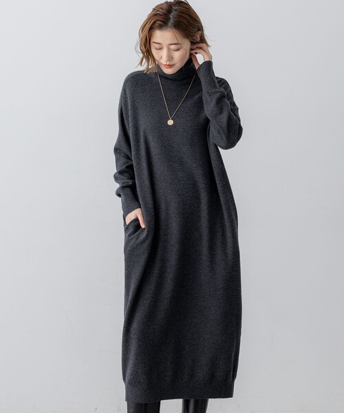 セール】【洗える】カシミヤブレンド タートルネック ニットワンピース
