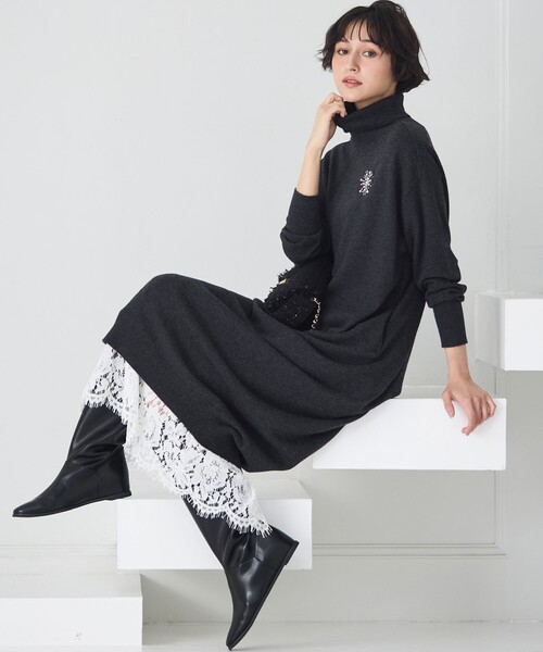 セール】【洗える】カシミヤブレンド タートルネック ニットワンピース