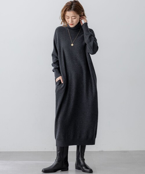 セール】【洗える】カシミヤブレンド タートルネック ニットワンピース