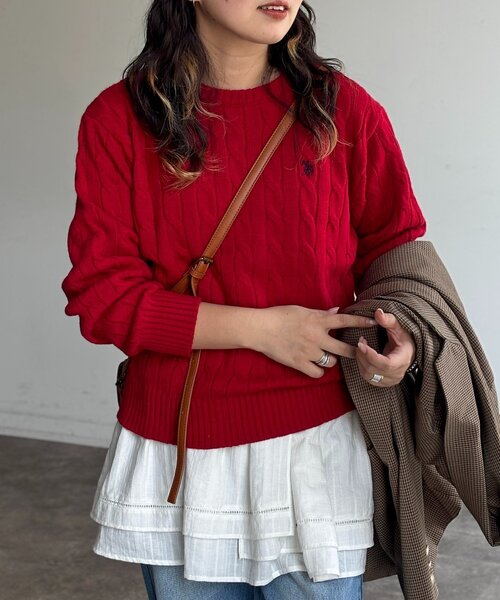 U.S. POLO ASSN.(ユーエスポロアッスン)の「ケーブルニット(ニット/セーター・レディース・ネイビー/キャメル/レッド/グリーン/アイボリー・FREE)」の5枚目の写真