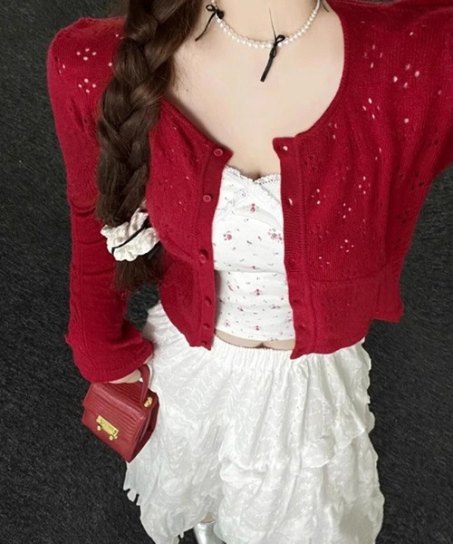 MEMECLE（メメクル）の「【MEMECLE/メメクル】クルーネックカラーカーディガン（カーディガン/ボレロ・レディース・レッド/ネイビー/ライトブルー/アイボリー・FREE）」の4枚目の写真