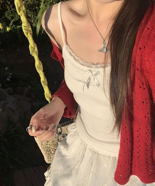 MEMECLE（メメクル）の「【MEMECLE/メメクル】クルーネックカラーカーディガン（カーディガン/ボレロ・レディース・レッド/ネイビー/ライトブルー/アイボリー・FREE）」の8枚目の写真