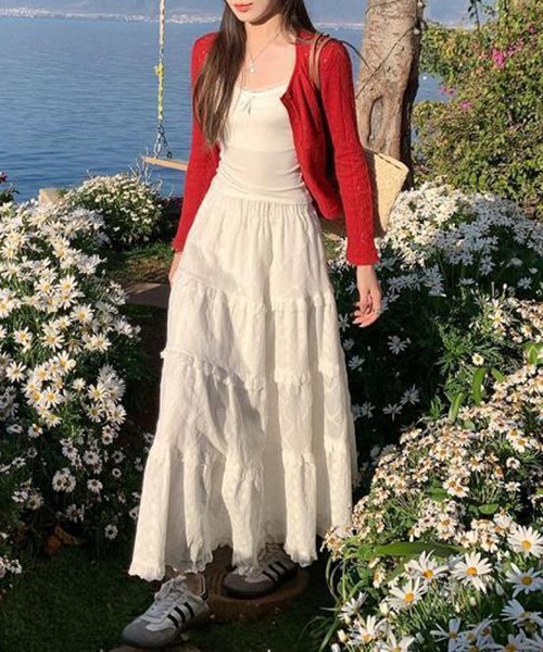 MEMECLE（メメクル）の「【MEMECLE/メメクル】クルーネックカラーカーディガン（カーディガン/ボレロ・レディース・レッド/ネイビー/ライトブルー/アイボリー・FREE）」の9枚目の写真