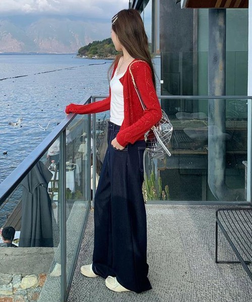 MEMECLE（メメクル）の「【MEMECLE/メメクル】クルーネックカラーカーディガン（カーディガン/ボレロ・レディース・レッド/ネイビー/ライトブルー/アイボリー・FREE）」の15枚目の写真