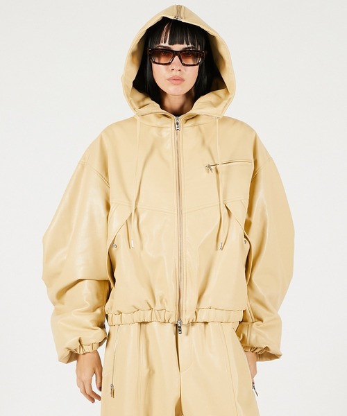 Pre-Order】フェイクレザーパテッドトラックジャケット / Faux Leather