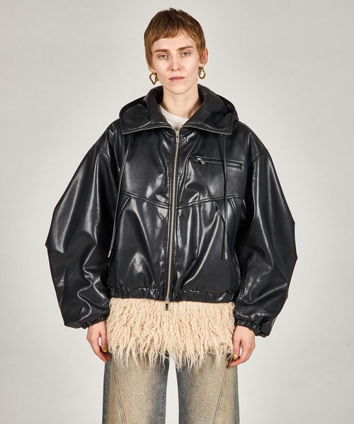 フェイクレザーパテッドトラックジャケット / Faux Leather Padded