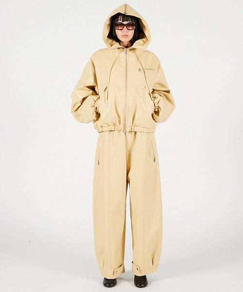 フェイクレザーパテッドトラックジャケット / Faux Leather Padded