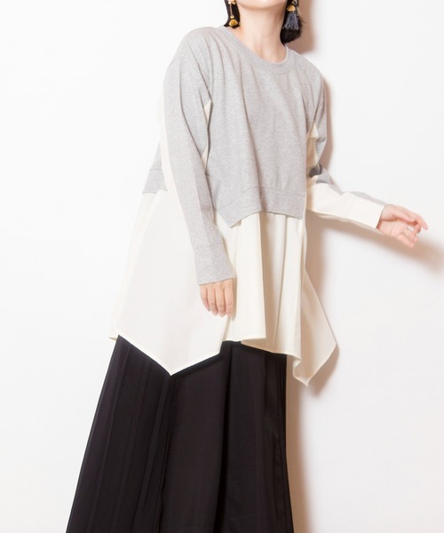 OSMOSIS(オズモーシス)の「切替フレアープルオーバー(Tシャツ/カットソー・レディース・グレー/ライトベージュ/ブラック・ONE SIZE)」の1枚目の写真