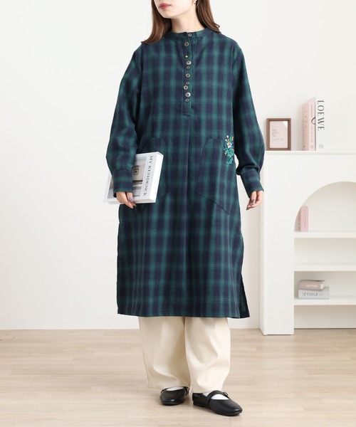 セール】刺繍入多釦ワンピース タータンチェック（シャツワンピース