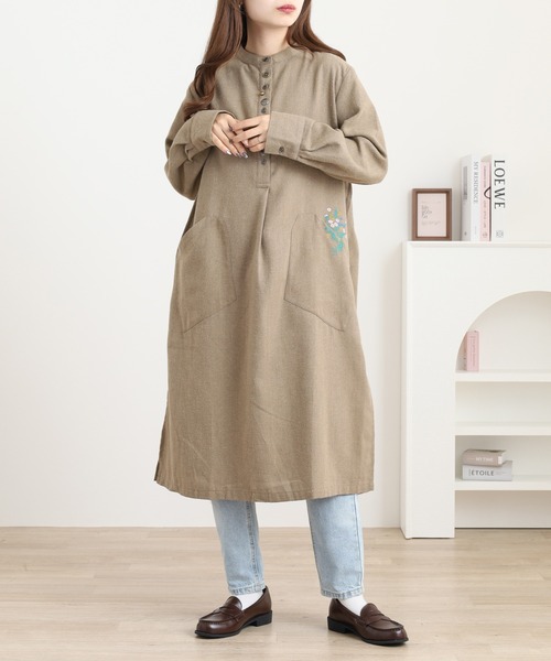 セール】刺繍入多釦ワンピース タータンチェック（シャツワンピース