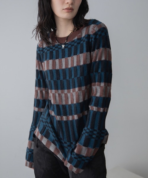 ツイストライン幾何学ブロック柄トップス（ニット/セーター）｜VACANCY