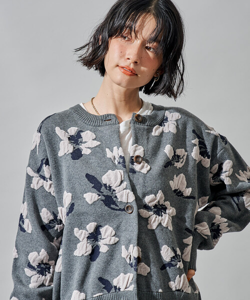 モールジャカード ニットカーディガン/花柄カーディガン（カーディガン