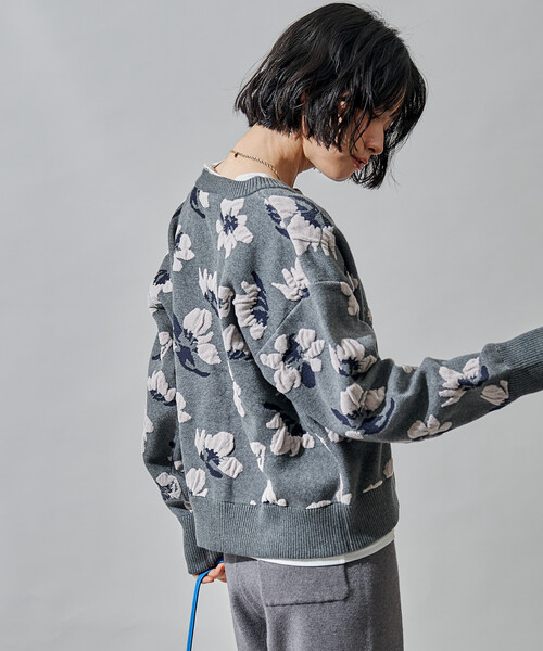 モールジャカード ニットカーディガン/花柄カーディガン（カーディガン