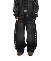 Knee Pin-Tuck Stitched Denim Pants (Black)（デニムパンツ）｜AAKAM