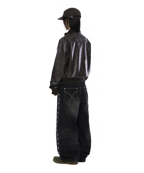 セール】Side Rhinestone Denim Pants (Black)（デニムパンツ）｜AAKAM