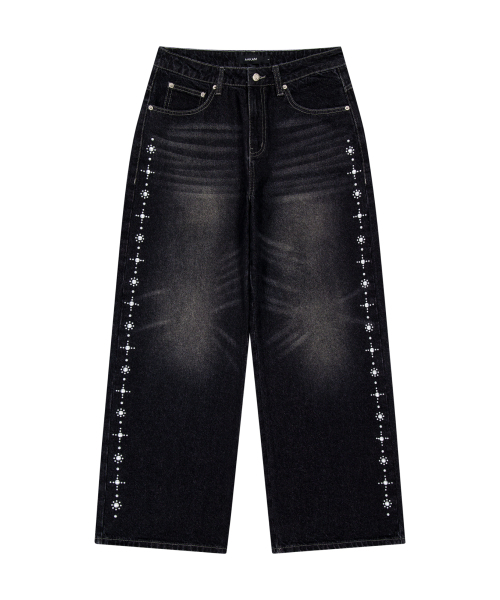 セール】Side Rhinestone Denim Pants (Black)（デニムパンツ）｜AAKAM