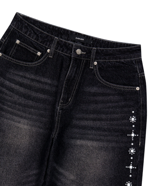 セール】Side Rhinestone Denim Pants (Black)（デニムパンツ）｜AAKAM