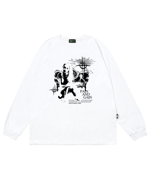 ESCAPEFROM（エスケープフロム）の「ブラックペインアンドゲインプリントロングスリーブホワイト（Tシャツ/カットソー・レディース・その他・MEDIUM/LARGE/SMALL）」の2枚目の写真