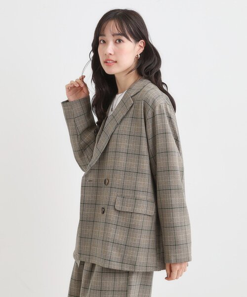 【アパルトモン】グレー チェック柄 ダブルブレスト テーラードジャケット セール】【セットアップ可】チェック柄 ダブルブレストテーラードゆる