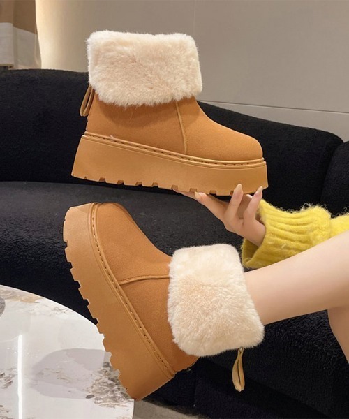 Miniministore(ミニミニストア)の「厚底ムートンブーツ 裏起毛ショートブーツ(ブーツ・レディース・ブラック/ダークベージュ/キャメル・24.0cm/23.0cm/23.5cm/24.5cm/25.0cm)」の1枚目の写真
