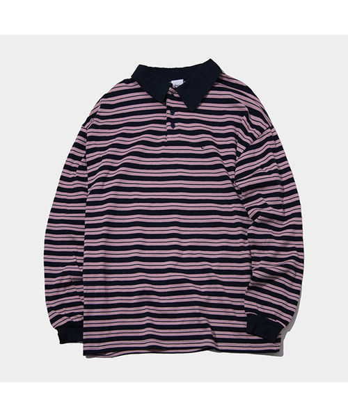 PLACE STUDIO(プレイススタジオ)の「ストライプラグビー長袖オーバーサイズピケカラー長袖ポロTシャツ_3COLOR(ポロシャツ・レディース・グレー/ピンク/ブルー・FREE)」の3枚目の写真