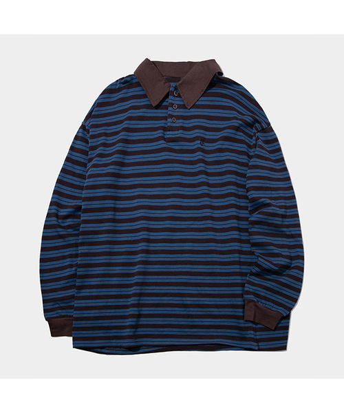 PLACE STUDIO(プレイススタジオ)の「ストライプラグビー長袖オーバーサイズピケカラー長袖ポロTシャツ_3COLOR(ポロシャツ・レディース・グレー/ピンク/ブルー・FREE)」の1枚目の写真