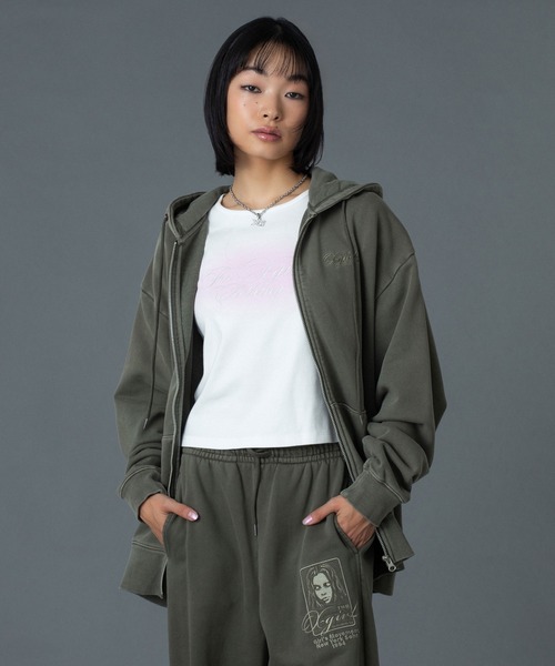 X-girl（エックスガール）の「PIGMENT DYED FACE AND LOGO SQUARE PATCH ZIP UP SWEAT HOODIE（パーカー・レディース・ブラック/オリーブ/ピンク・S/M）」の21枚目の写真