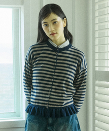 W STRIPE FRILL CARDIGAN [NAVY]