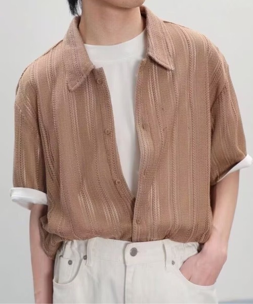 SHEPP(シープ)の「【26年春新作】【UNISEX】透かし編み シアーメッシュ レース ビッグシャツ(シャツ/ブラウス・メンズ・ホワイト/ブラウン/ブラック/アイボリー・M/L)」の4枚目の写真