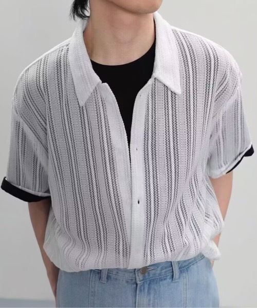 SHEPP(シープ)の「【26年春新作】【UNISEX】透かし編み シアーメッシュ レース ビッグシャツ(シャツ/ブラウス・メンズ・ホワイト/ブラウン/ブラック/アイボリー・M/L)」の1枚目の写真