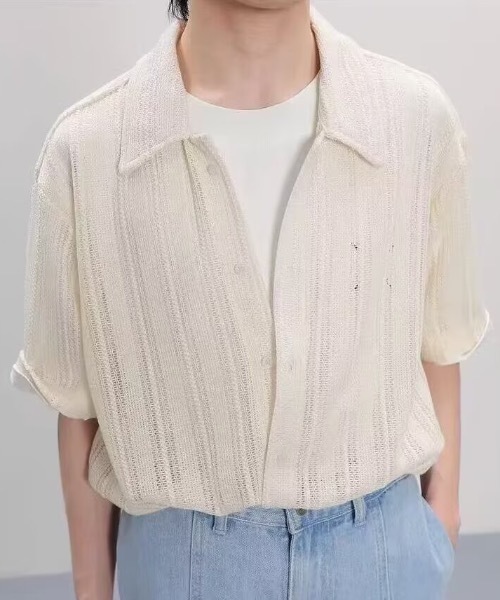 SHEPP(シープ)の「【26年春新作】【UNISEX】透かし編み シアーメッシュ レース ビッグシャツ(シャツ/ブラウス・メンズ・ホワイト/ブラウン/ブラック/アイボリー・M/L)」の3枚目の写真