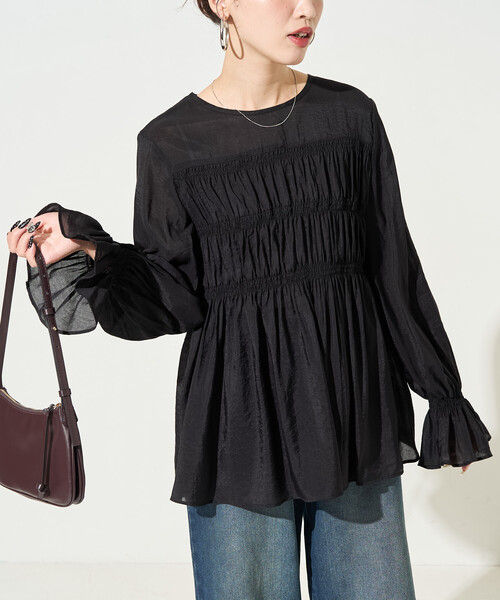 FREAK'S STORE（フリークスストア）の「限定展開　シアー ギャザー フリル袖 ロングスリーブ ブラウス（シャツ/ブラウス・レディース・ナチュラル/ブラック/ブルーグレー/ライトグリーン・ﾌﾘ-）」の2枚目の写真