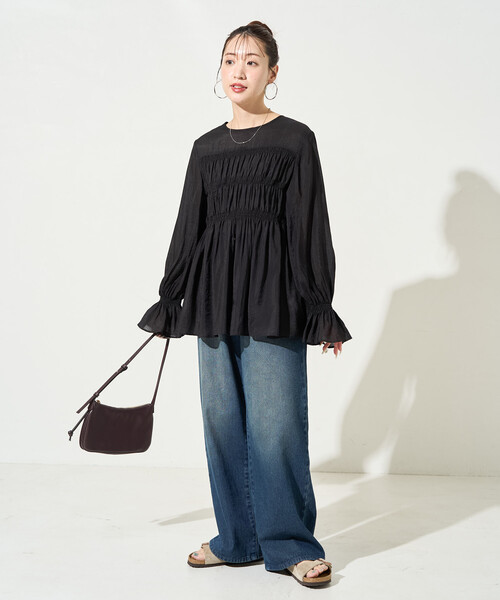 FREAK'S STORE（フリークスストア）の「限定展開　シアー ギャザー フリル袖 ロングスリーブ ブラウス（シャツ/ブラウス・レディース・ナチュラル/ブラック/ブルーグレー/ライトグリーン・ﾌﾘ-）」の11枚目の写真